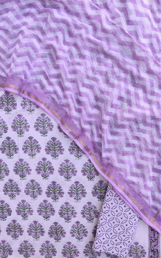 Hand Block Printed Cotton Suit with Cotton Kota Doria dupatta