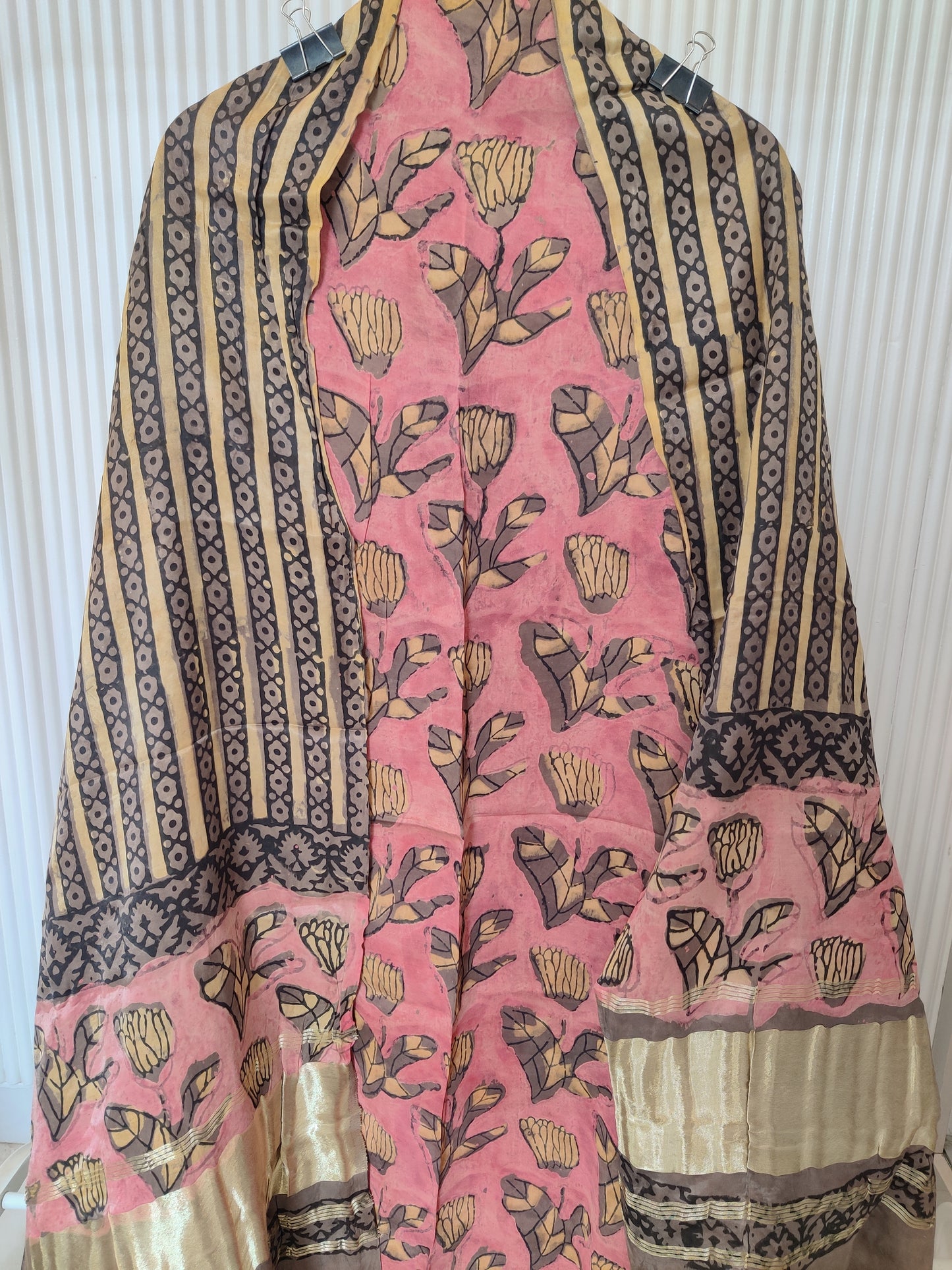 (NASHPAL) Hand Block Printed Modal Silk TOP with Modal Silk Lagdi Patta Dupatta (NO BOTTOM)