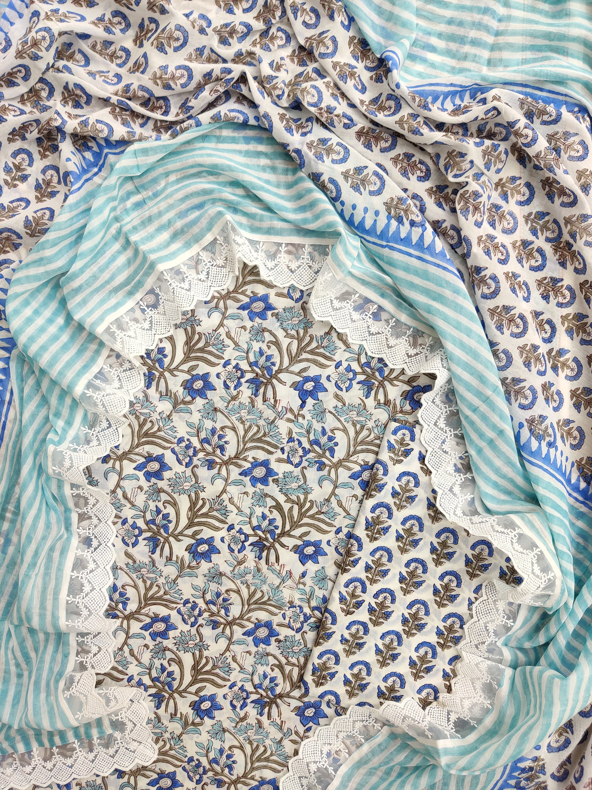 Hand Block Printed Cotton Suit With Lace Work Mulmul Dupatta