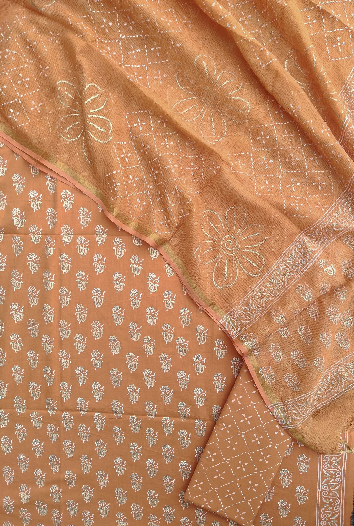 KHADI GOLD Hand Block Printed Cotton Suit with Cotton Kota Doria dupatta