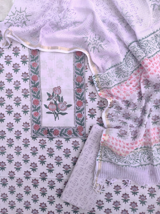 Hand Block Printed Cotton Suit with Cotton Kota Doria dupatta