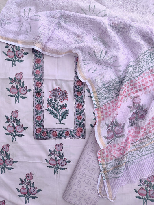Hand Block Printed Cotton Suit with Cotton Kota Doria dupatta