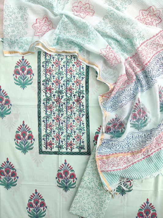 Hand Block Printed Cotton Suit with Cotton Kota Doria dupatta