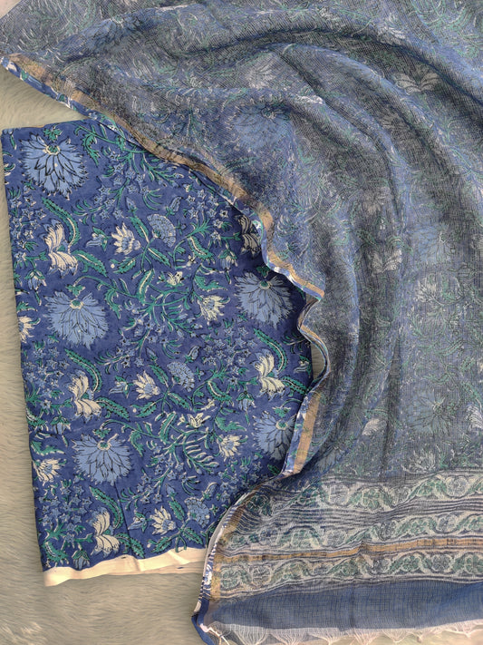(All over) Hand Block Printed Cotton Suit with Cotton Kota Doria dupatta