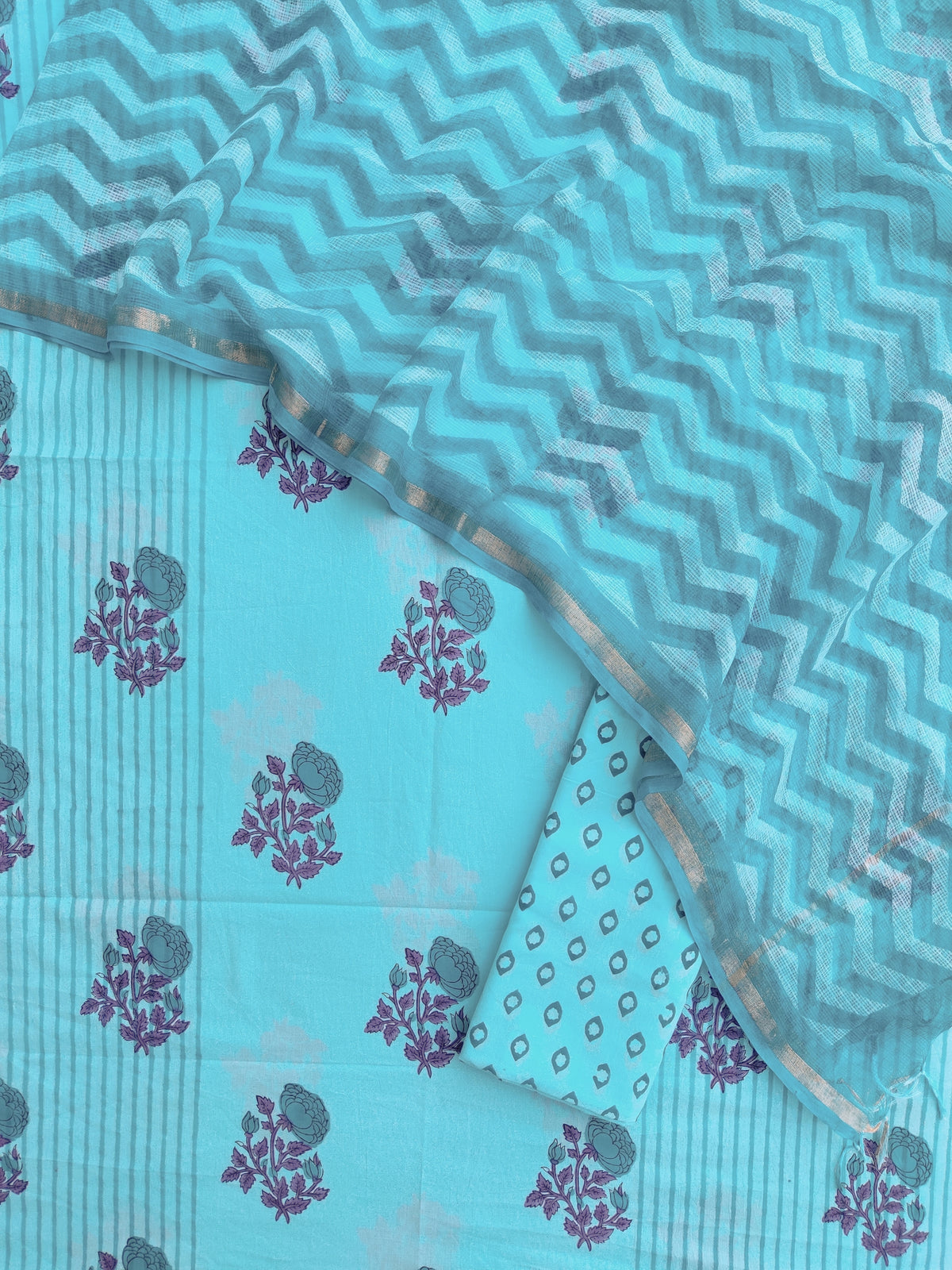 Hand Block Printed Cotton Suit with Cotton Kota Doria dupatta