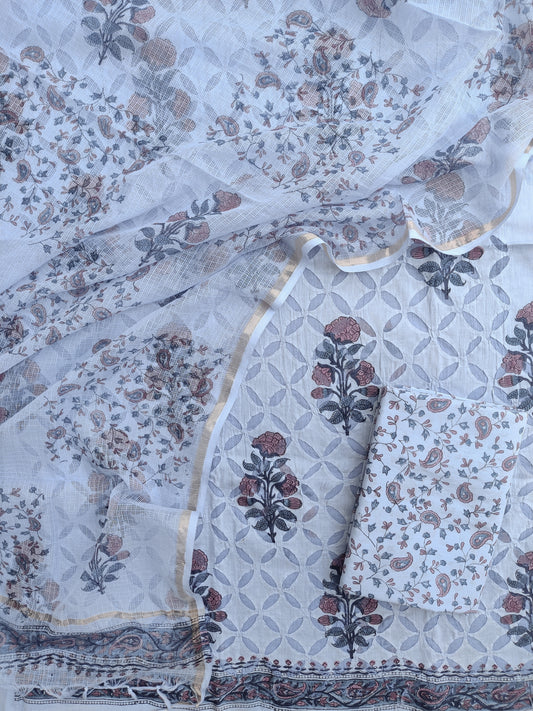 Pure Cotton Hand Block Printed Applique Suits with Kota Doria Dupatta