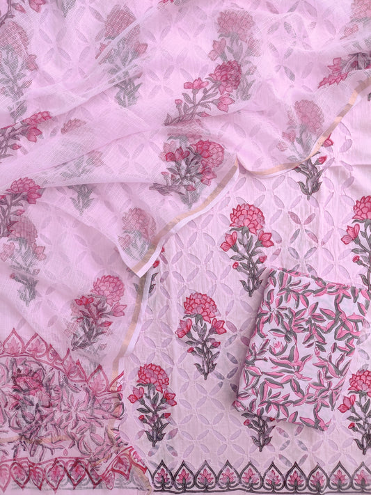 Pure Cotton Hand Block Printed Applique Suits with Kota Doria Dupatta