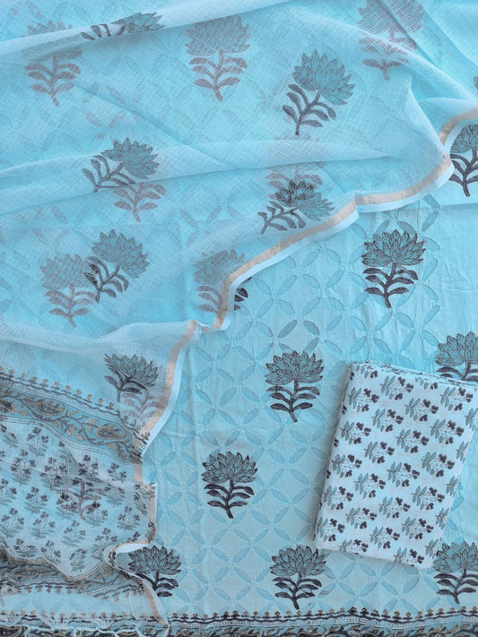 Pure Cotton Hand Block Printed Applique Suits with Kota Doria Dupatta