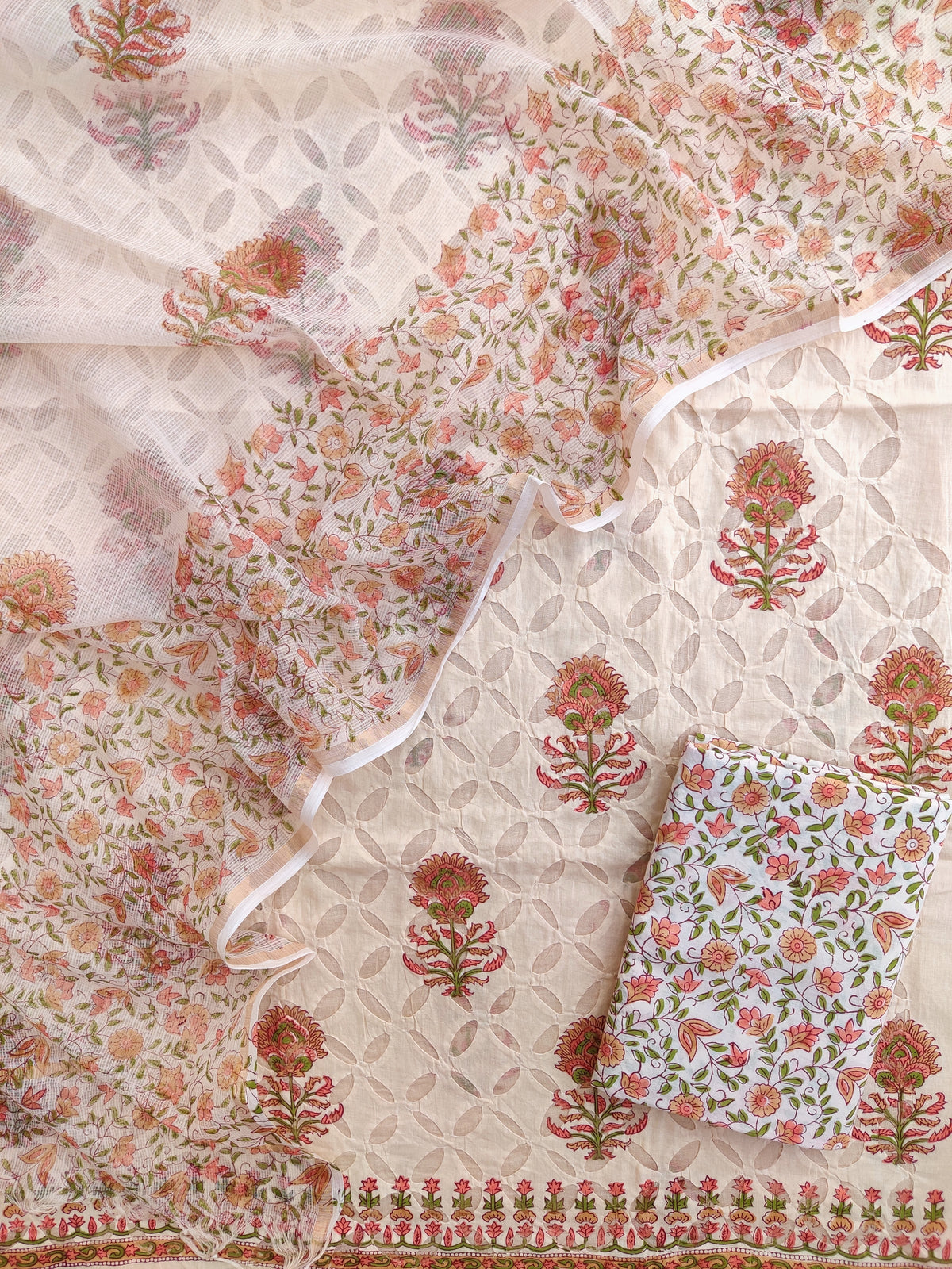 Pure Cotton Hand Block Printed Applique Suits with Kota Doria Dupatta