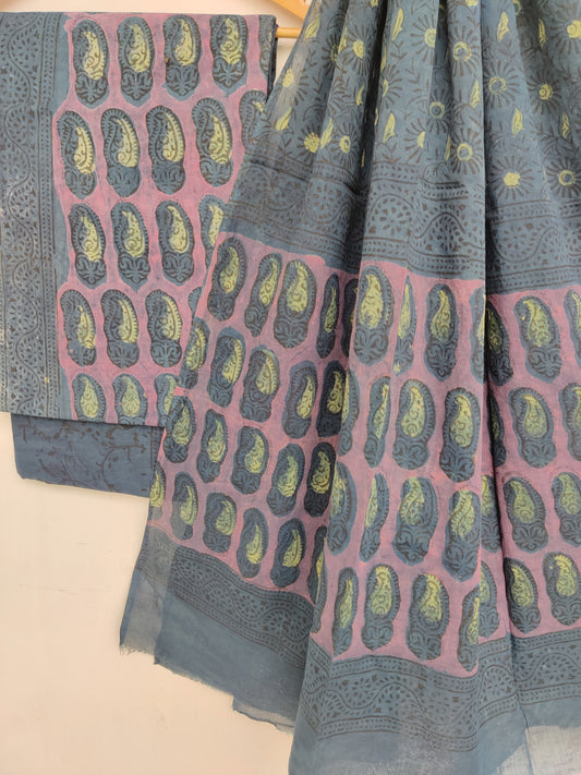 NASHPAL Hand Block Printed Cotton Suit With Mulmul Cotton Dupatta