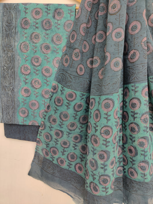 NASHPAL Hand Block Printed Cotton Suit With Mulmul Cotton Dupatta