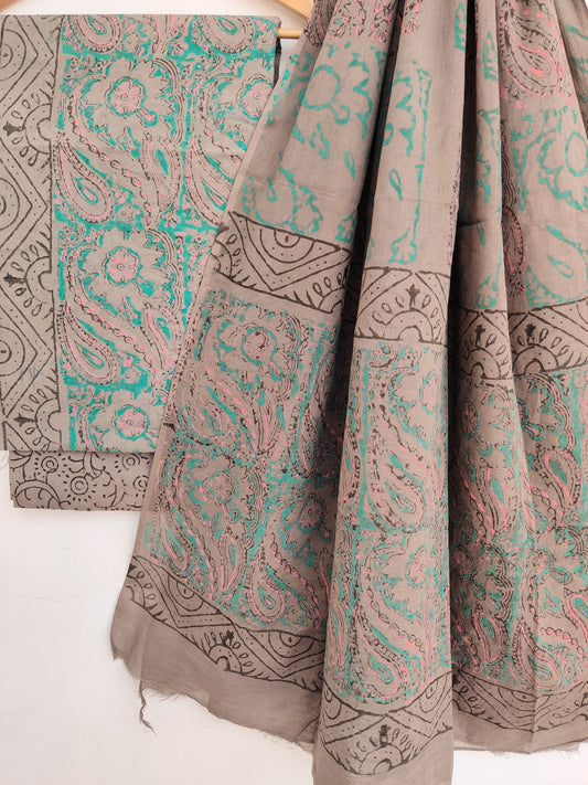 NASHPAL Hand Block Printed Cotton Suit With Mulmul Cotton Dupatta