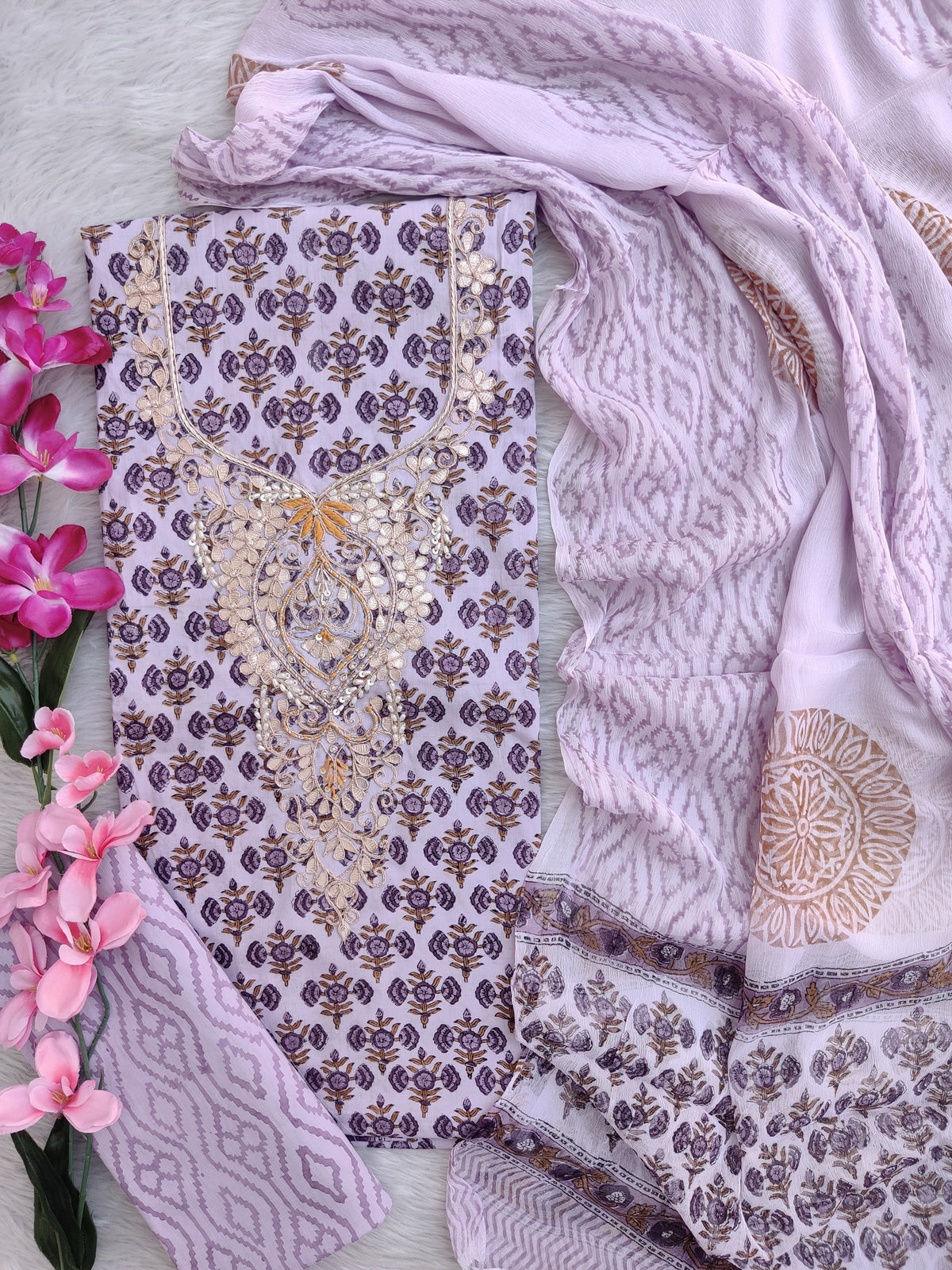 FLORAL PRINTED COTTON GOTA PATTI SUIT WITH CHIFFON DUPATTA