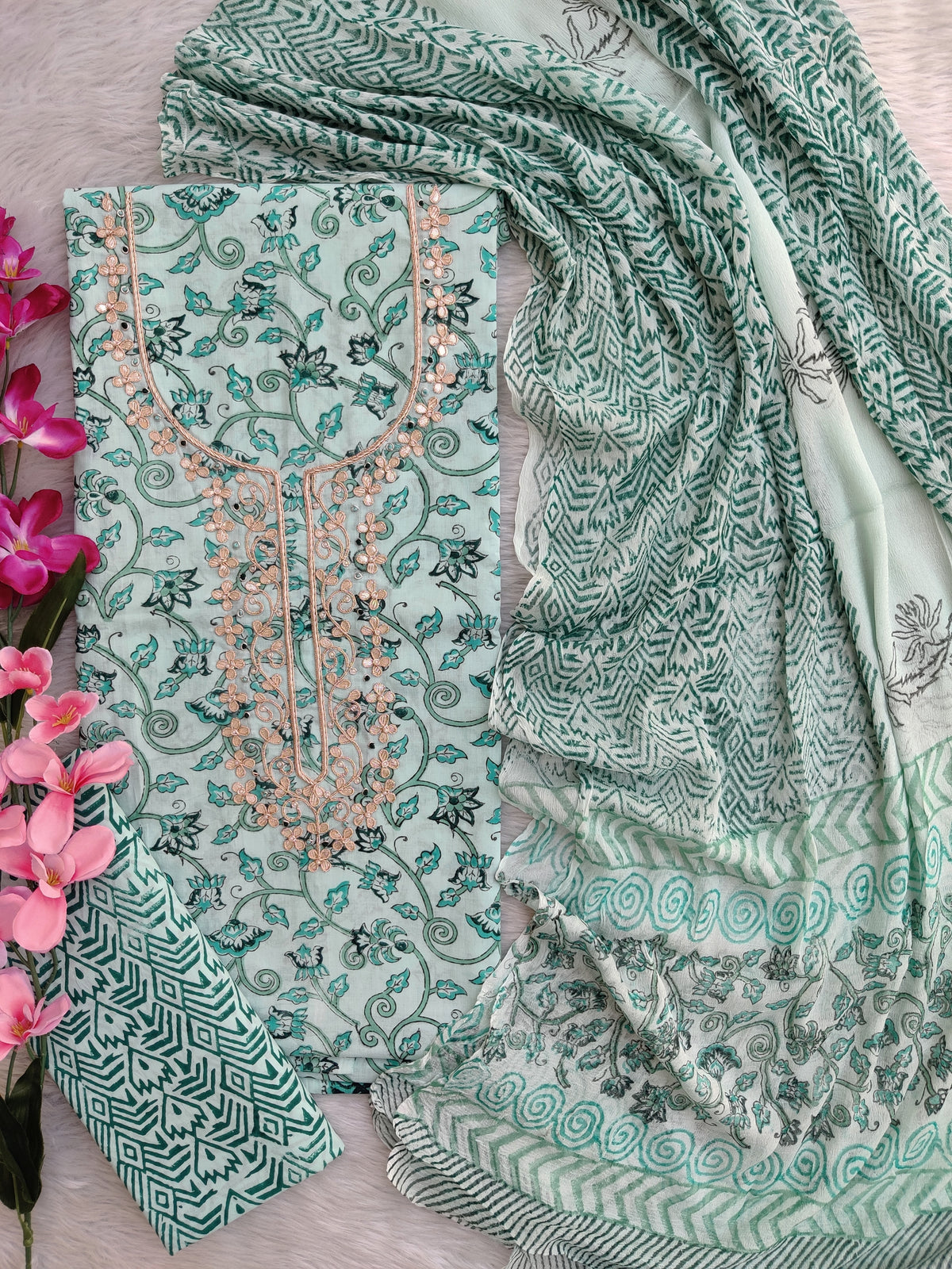 FLORAL PRINTED COTTON GOTA PATTI SUIT WITH CHIFFON DUPATTA