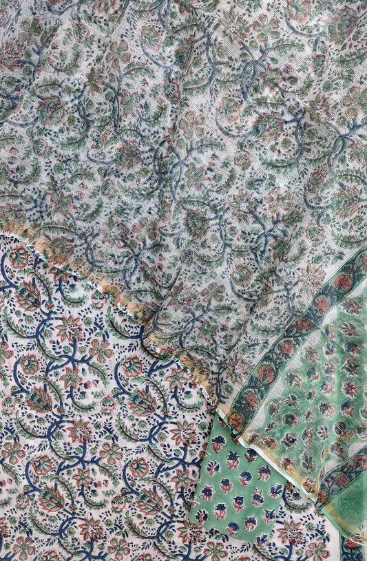 Hand Block Printed Cotton Suit with Cotton Kota Doria dupatta