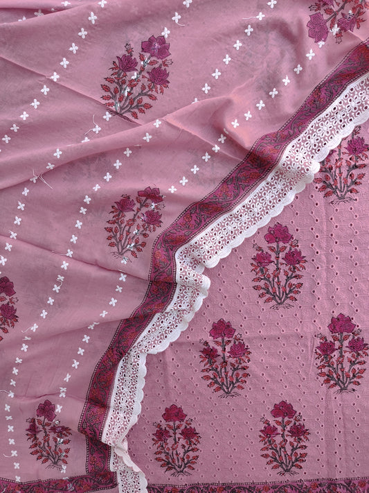 Hand Block Printed Cotton Schiffli *TOP & DUPATTA* Set with Mulmul Dupatta (NO BOTTOM)