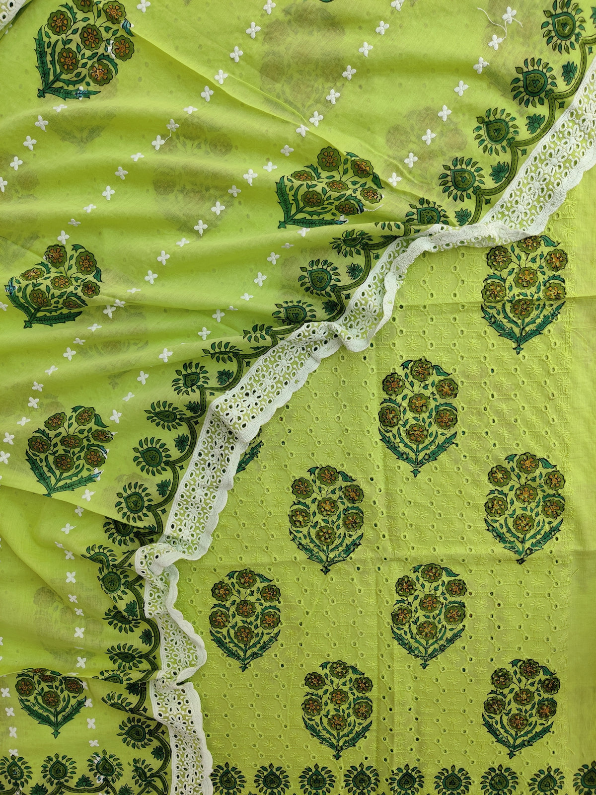 Hand Block Printed Cotton Schiffli *TOP & DUPATTA* Set with Mulmul Dupatta (NO BOTTOM)
