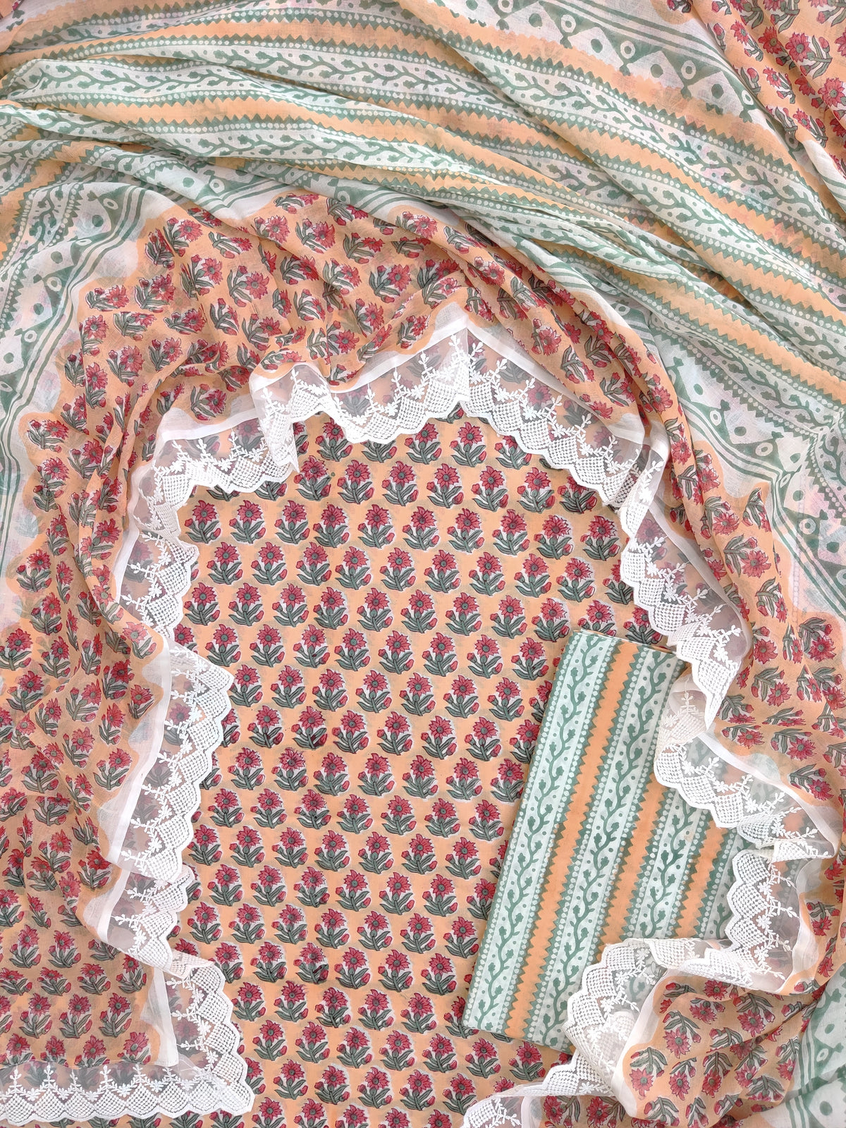 Hand Block Printed Cotton Suit With Lace Work Mulmul Dupatta