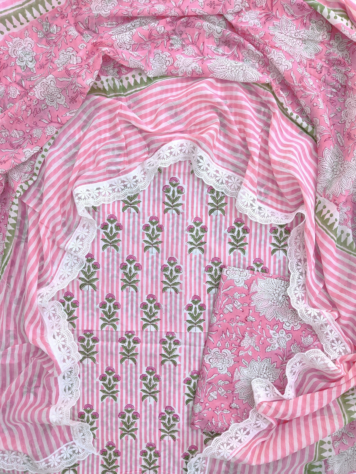 Hand Block Printed Cotton Suit With Lace Work Mulmul Dupatta