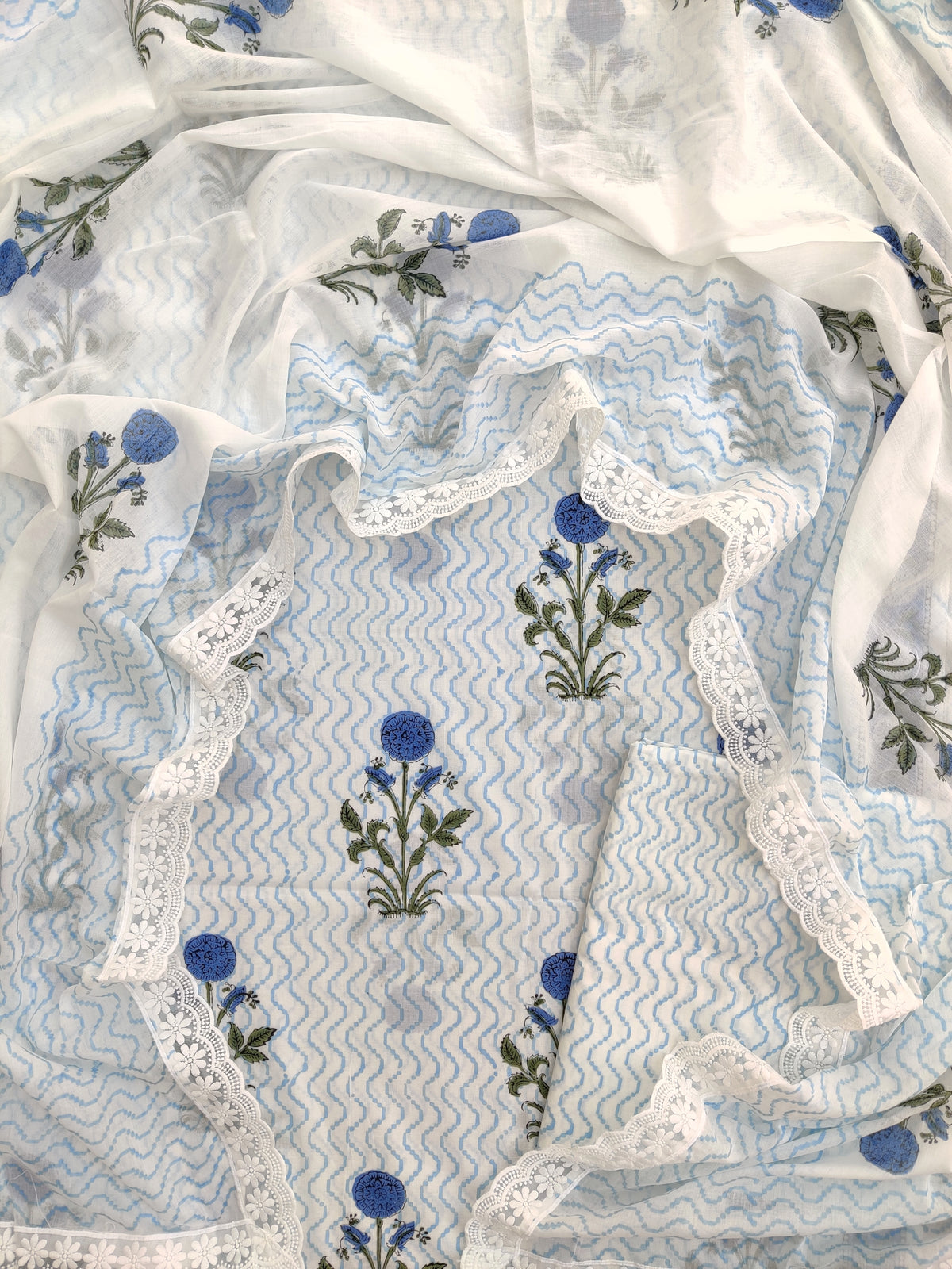 Hand Block Printed Cotton Suit With Lace Work Mulmul Dupatta