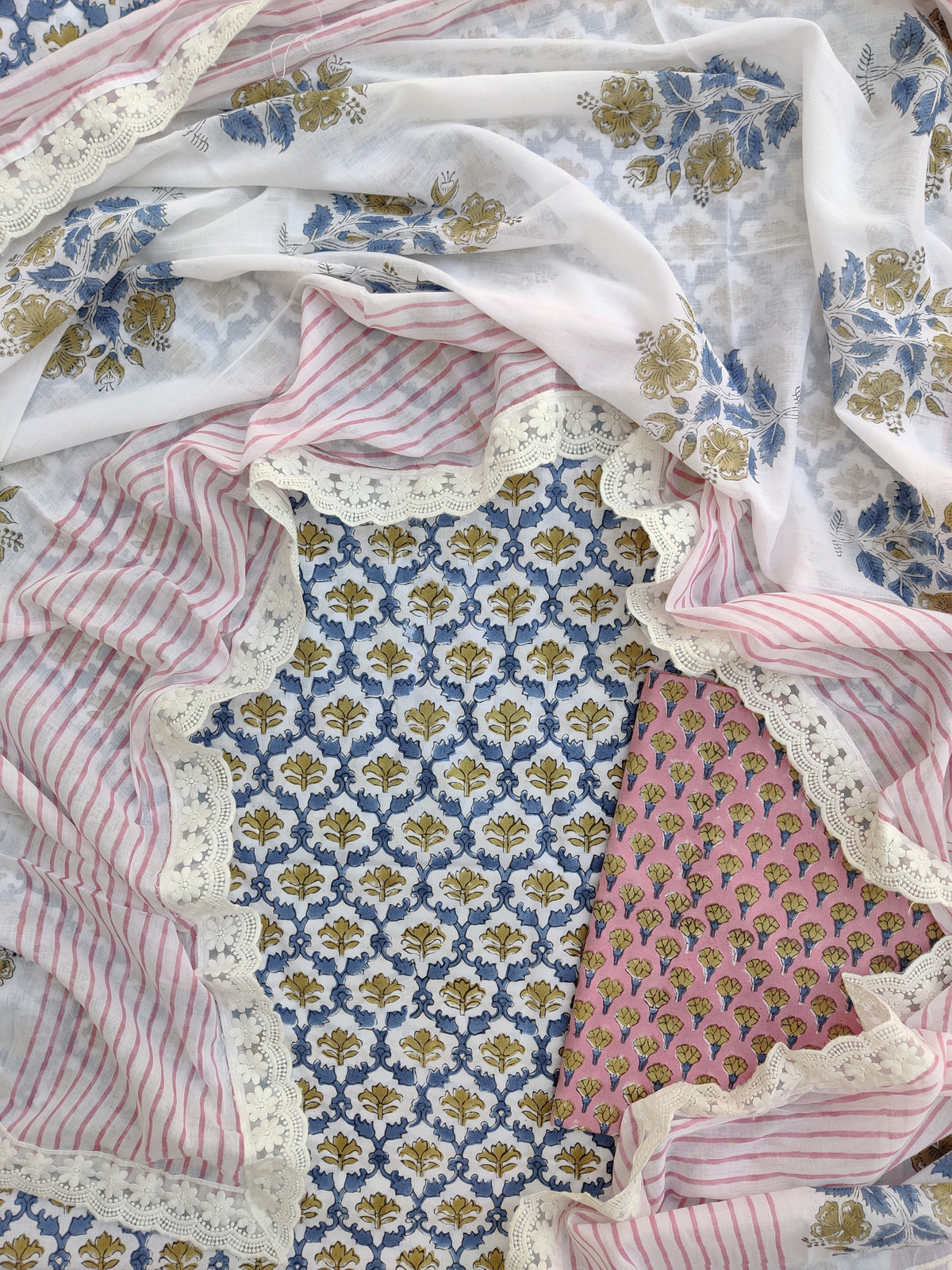 Hand Block Printed Cotton Suit With Lace Work Mulmul Dupatta