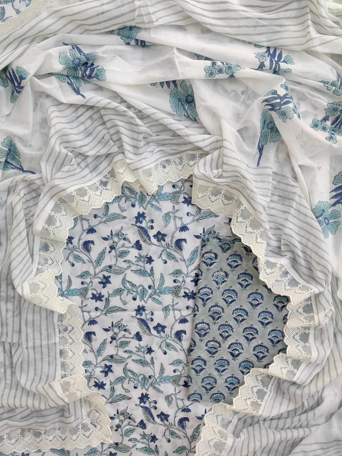 Hand Block Printed Cotton Suit With Lace Work Mulmul Dupatta