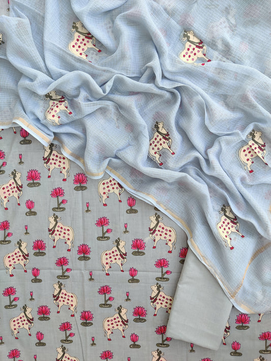 PICHWAI Printed Cotton Suit with Applique Work Kota Doria Dupatta