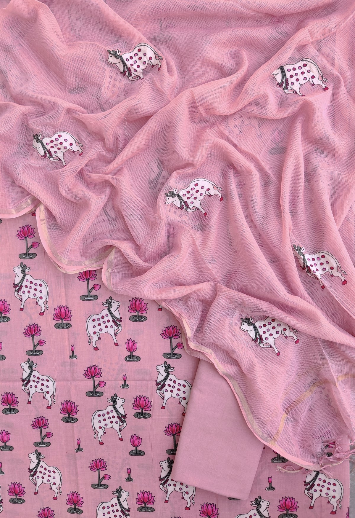 PICHWAI Printed Cotton Suit with Applique Work Kota Doria Dupatta