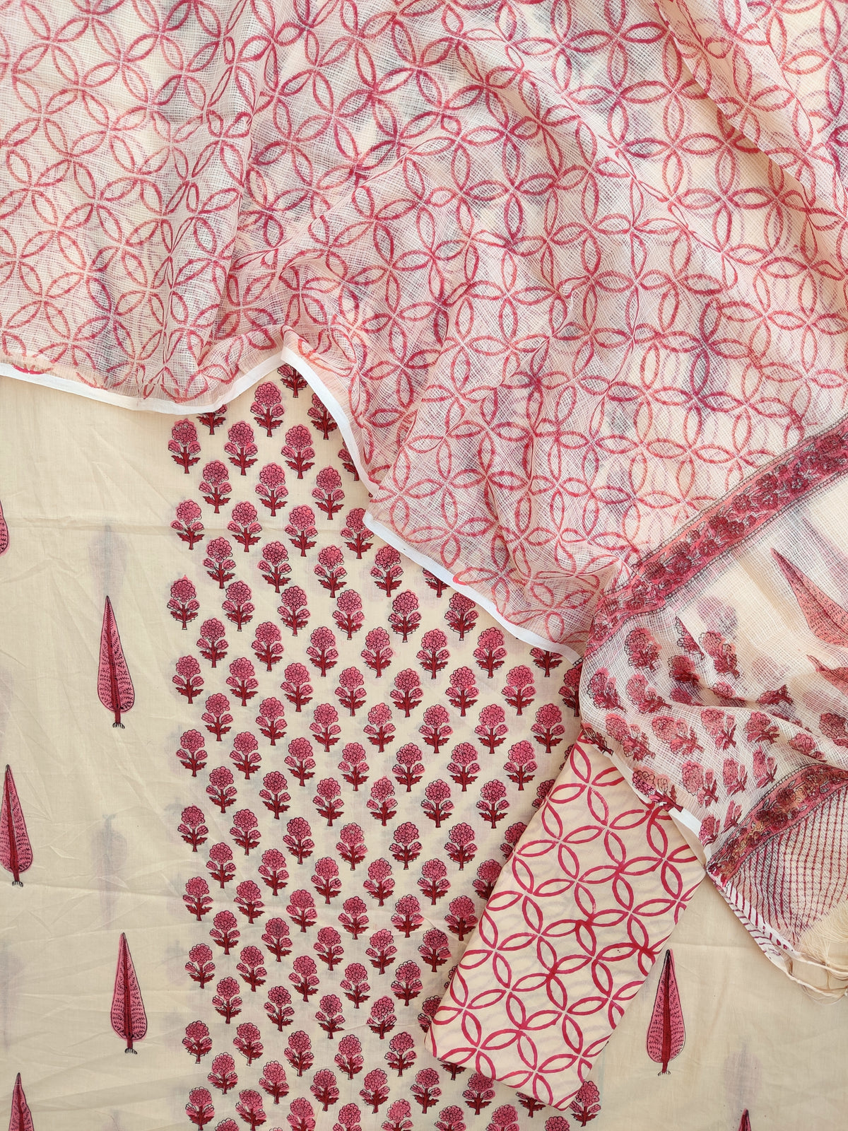 Hand Block Printed Cotton Suit with Cotton Kota Doria dupatta