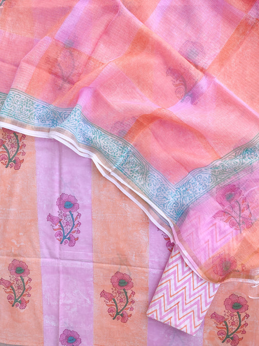 Hand Block & Brush Printed Cotton Suit with Cotton Kota Doria dupatta