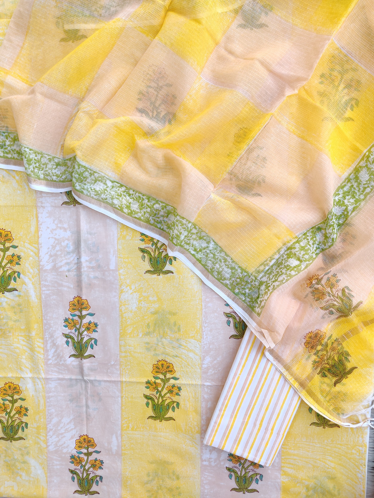 Hand Block & Brush Printed Cotton Suit with Cotton Kota Doria dupatta