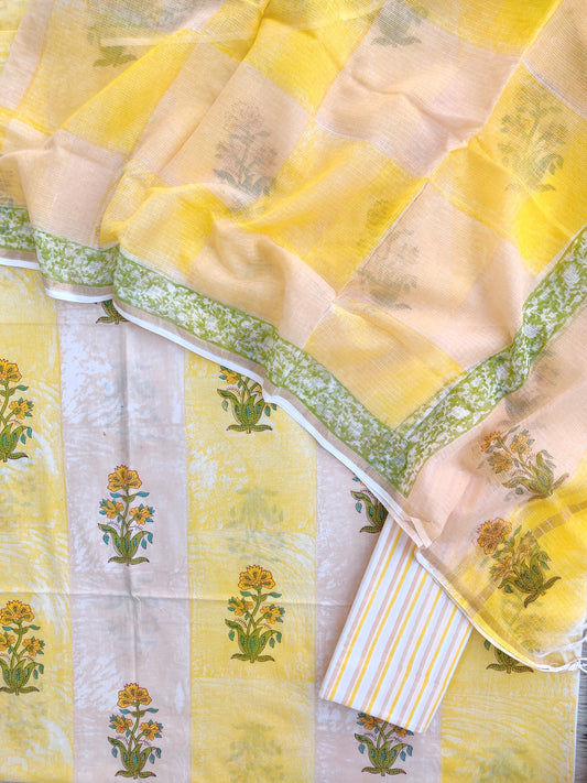 Hand Block & Brush Printed Cotton Suit with Cotton Kota Doria dupatta