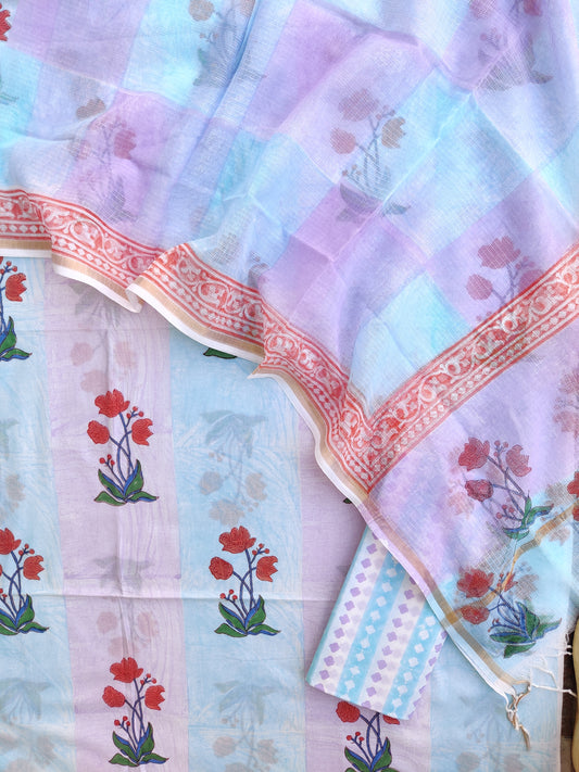 Hand Block & Brush Printed Cotton Suit with Cotton Kota Doria dupatta