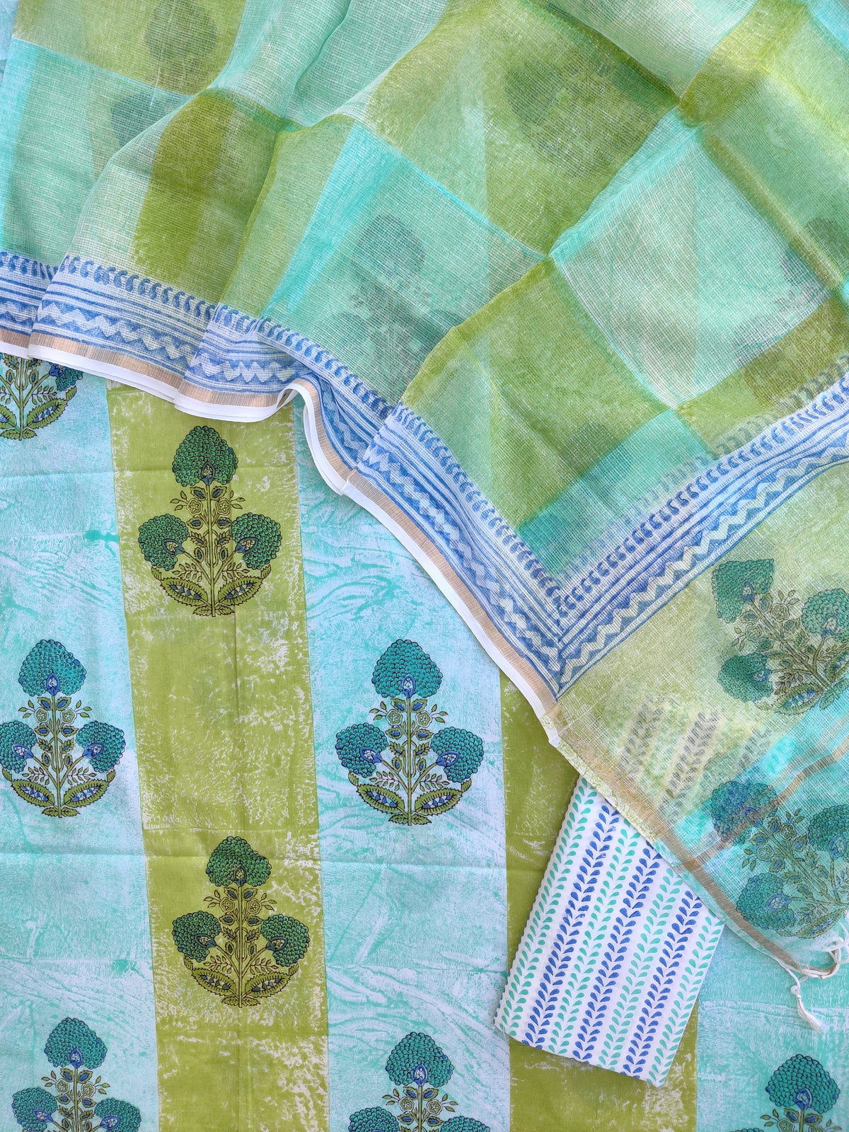 Hand Block & Brush Printed Cotton Suit with Cotton Kota Doria dupatta