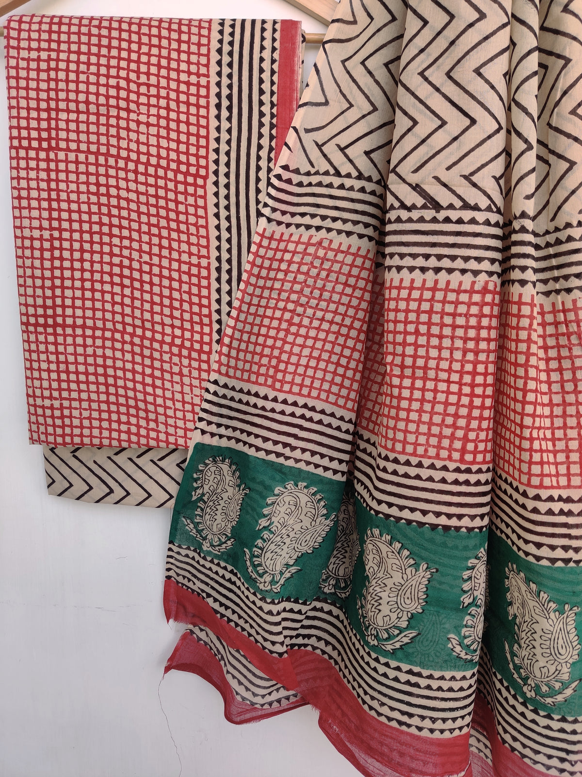 (KALAMKARI) Hand Block Printed Cotton Suit With Mulmul Cotton Dupatta