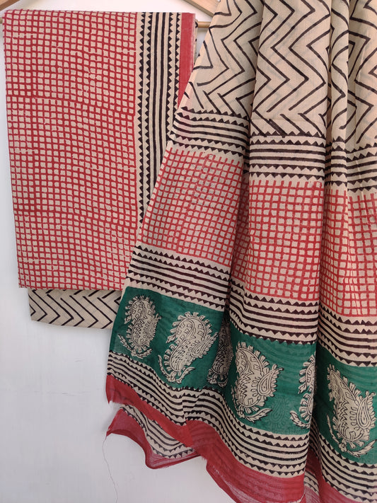 (KALAMKARI) Hand Block Printed Cotton Suit With Mulmul Cotton Dupatta