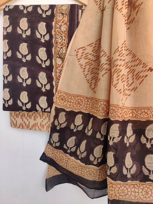 (KALAMKARI) Hand Block Printed Cotton Suit With Mulmul Cotton Dupatta