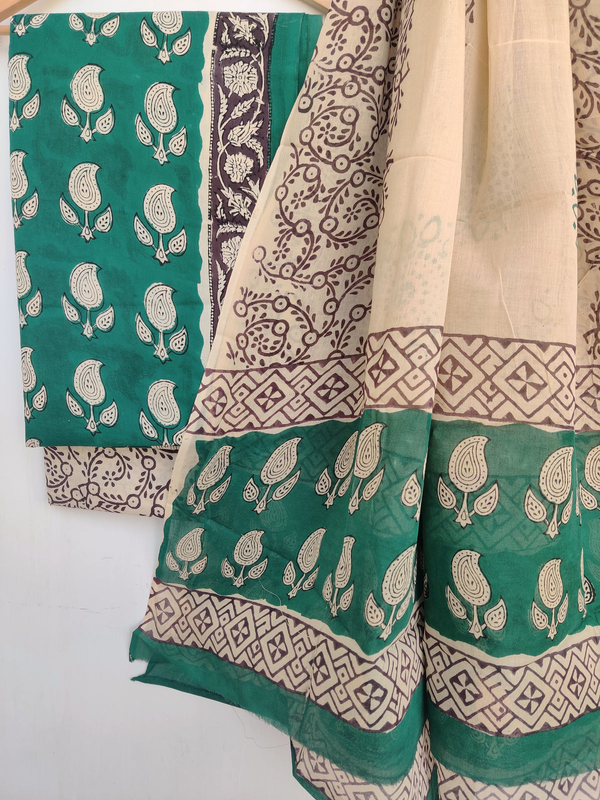 (KALAMKARI) Hand Block Printed Cotton Suit With Mulmul Cotton Dupatta