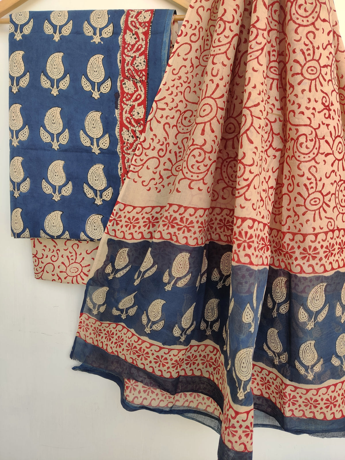 (KALAMKARI) Hand Block Printed Cotton Suit With Mulmul Cotton Dupatta
