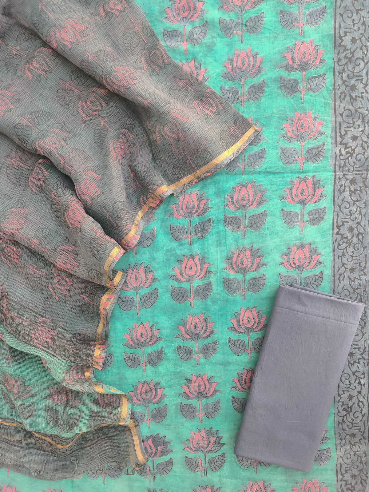 NASHPAL POMEGRANATE DYE COTTON SUIT WITH KOTA DORIA DUPATTA