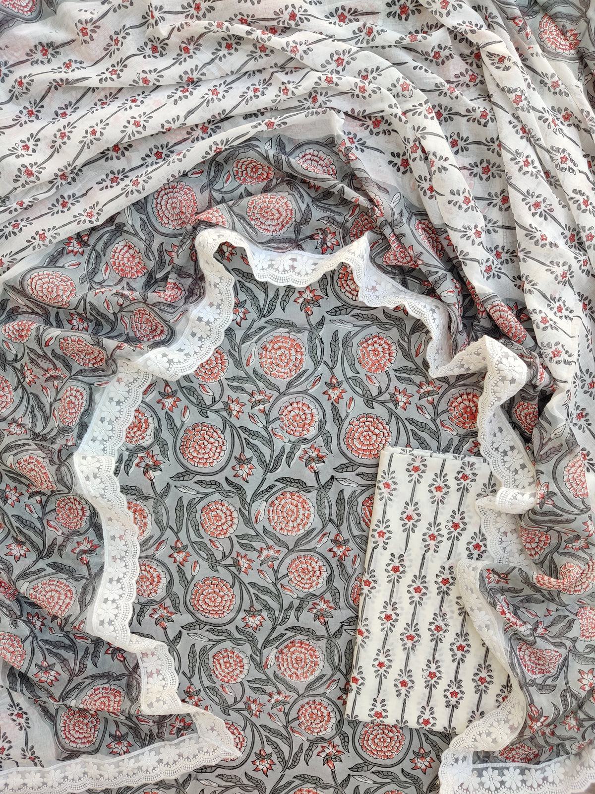 Hand Block Printed Cotton Suit With Lace Work Mulmul Dupatta