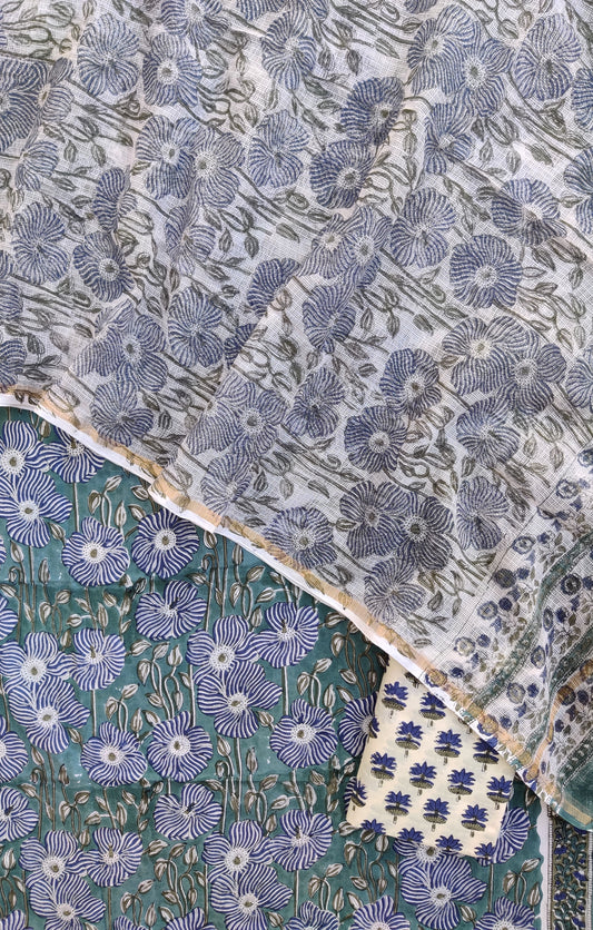 Hand Block Printed Cotton Suit with Cotton Kota Doria dupatta