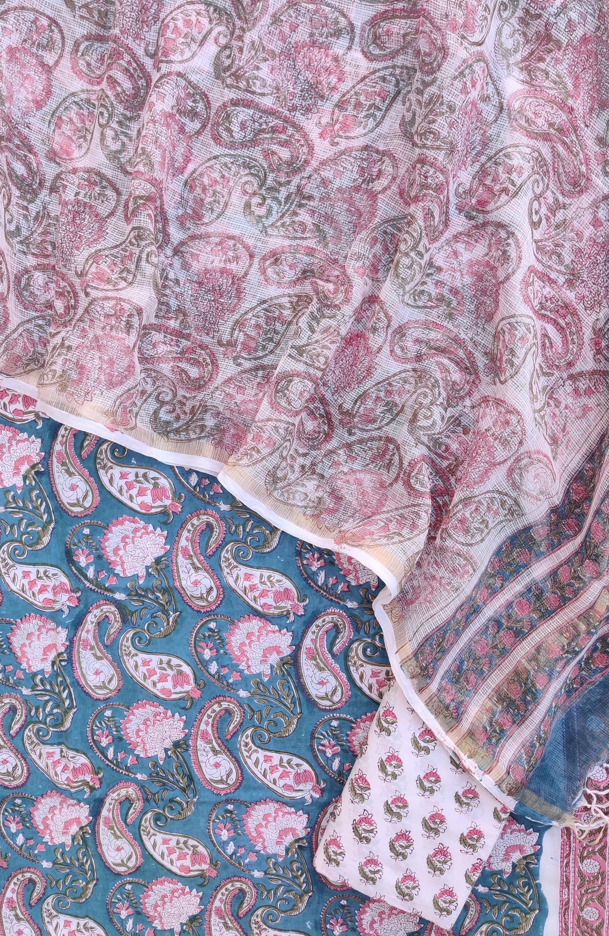 Hand Block Printed Cotton Suit with Cotton Kota Doria dupatta