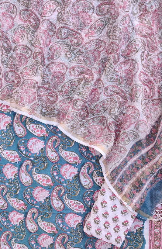 Hand Block Printed Cotton Suit with Cotton Kota Doria dupatta