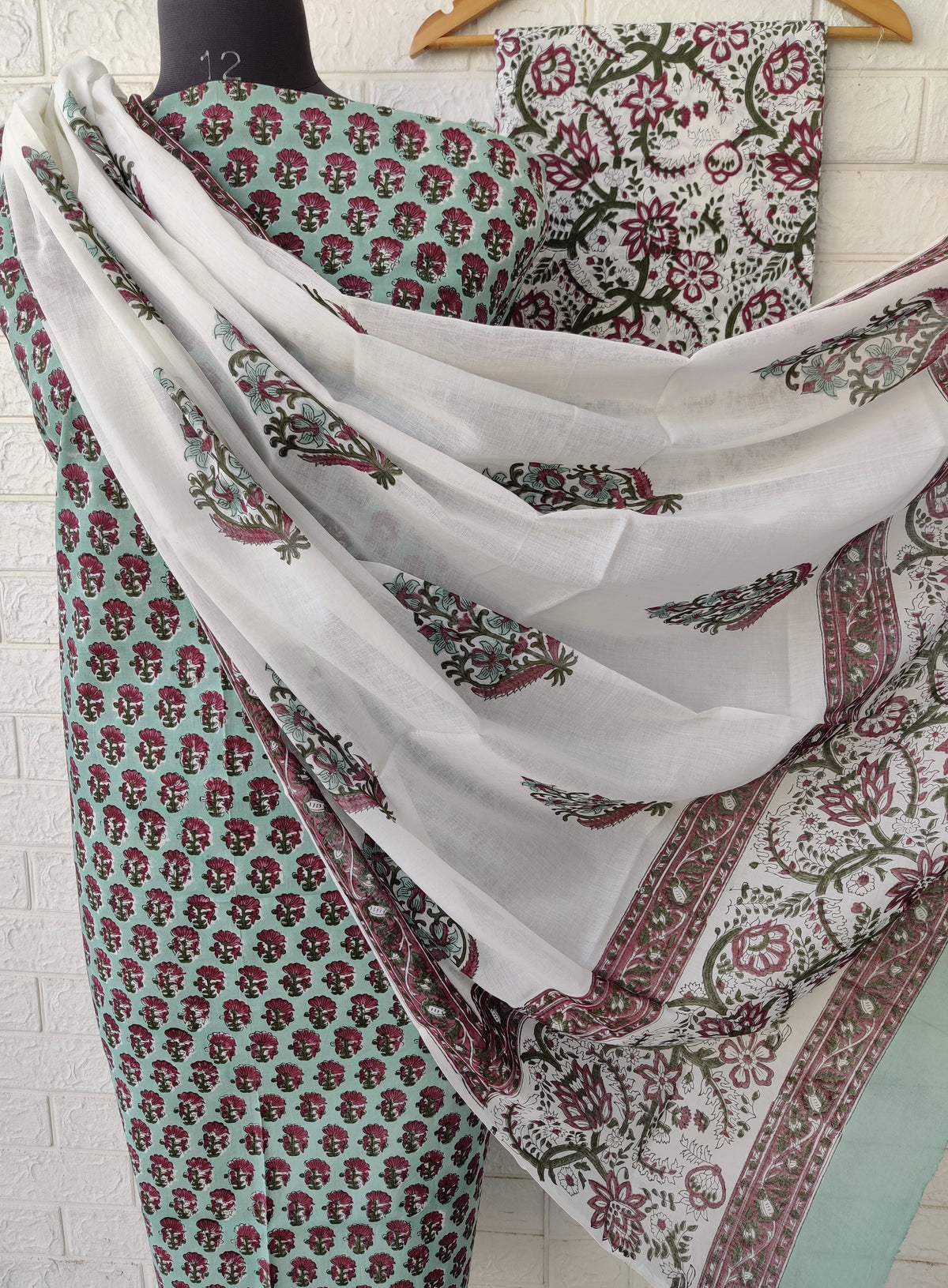 Hand Block Printed Cotton Suit With Mulmul Cotton Dupatta