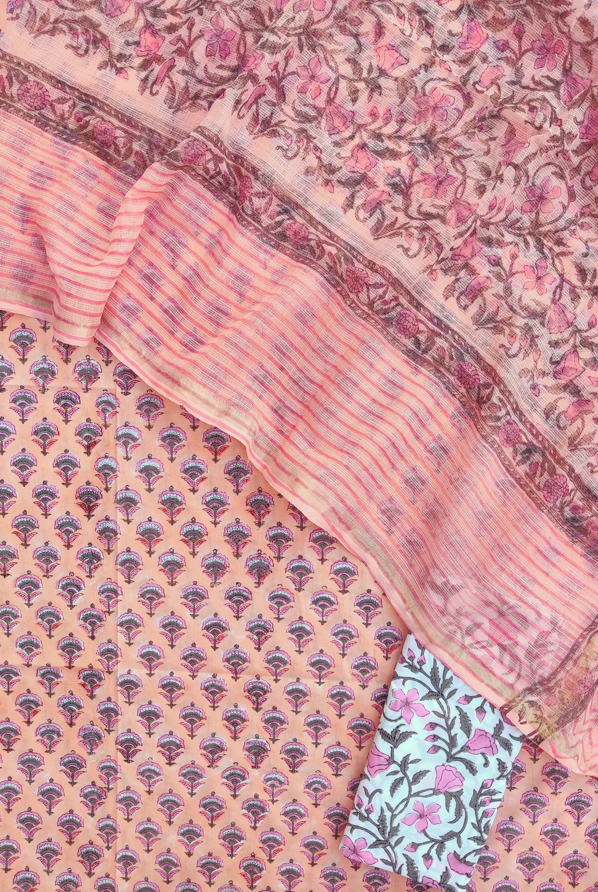 Hand Block Printed Cotton Suit with Cotton Kota Doria dupatta