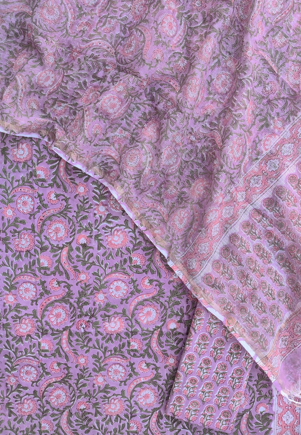 Hand Block Printed Cotton Suit with Cotton Kota Doria dupatta