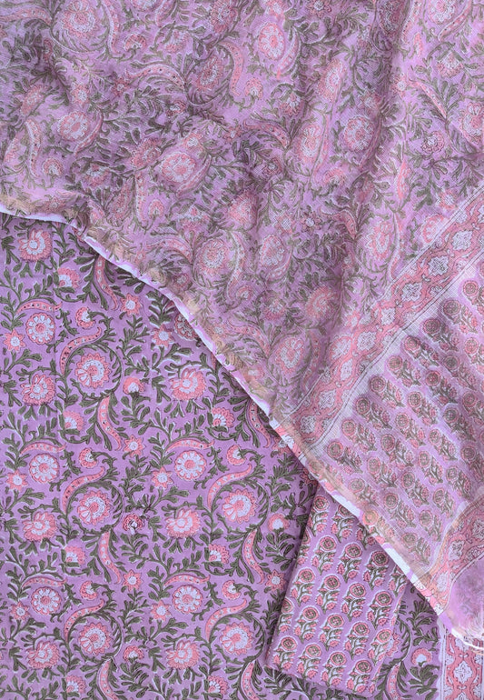 Hand Block Printed Cotton Suit with Cotton Kota Doria dupatta