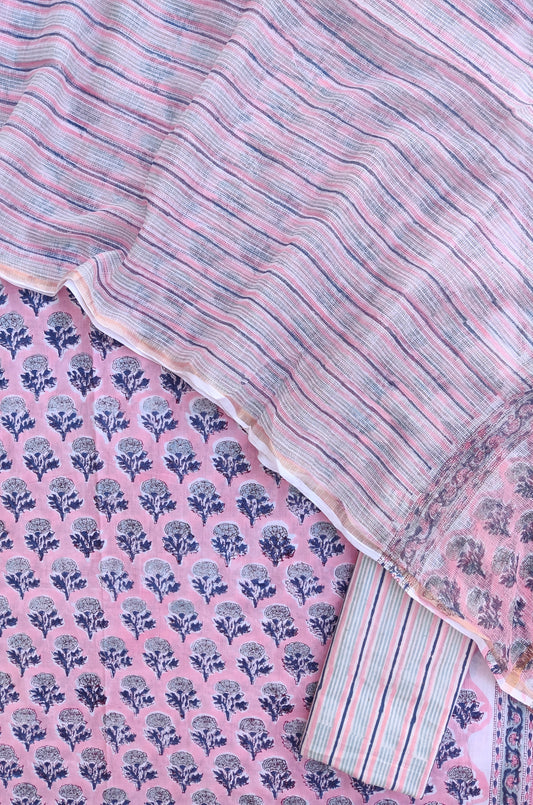 Hand Block Printed Cotton Suit with Cotton Kota Doria dupatta