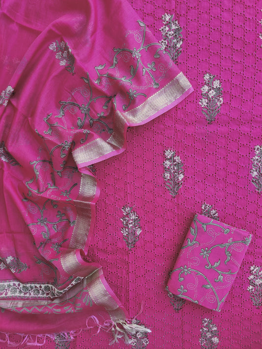 Hand Block Printed Cotton Schiffli Suit with Maheshwari Dupatta